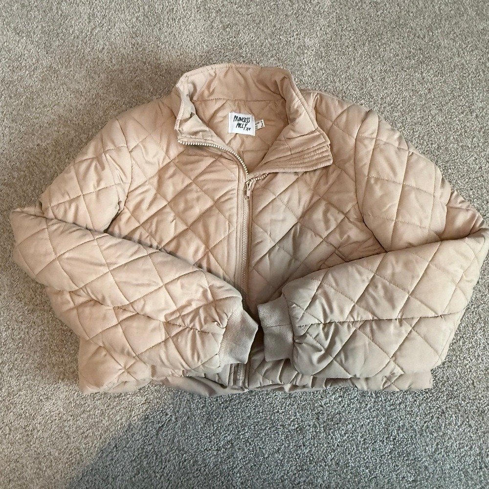 Princess Polly Quilted Puffer Jacket Womens 8 Tan Beige Cropped Zip Mock Neck - Picture 9 of 10